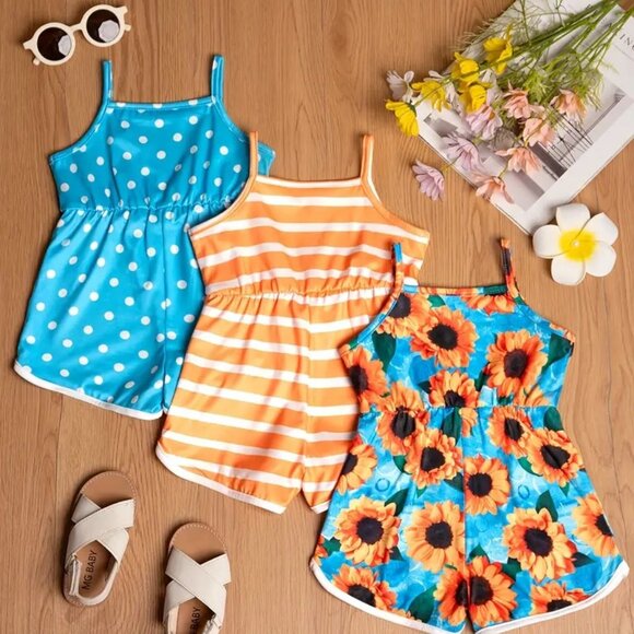 Girl's Summer Sleeveless Romper- Blue Dots/Orange Stripes/Blue Sunflowers - Picture 7 of 7